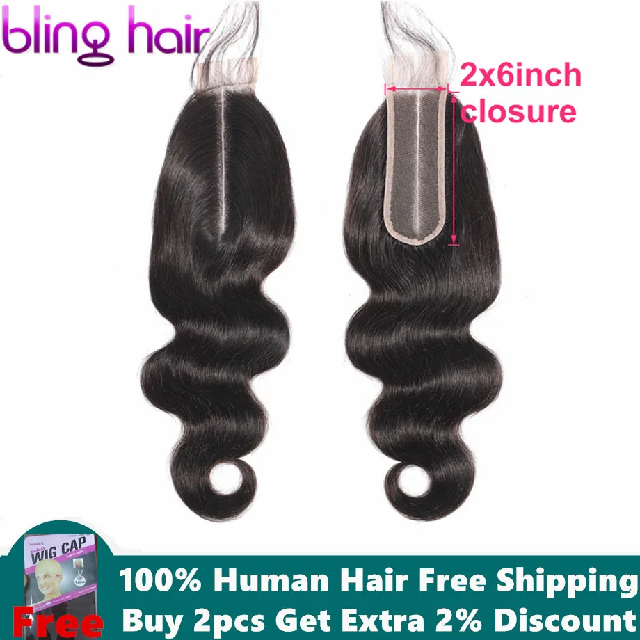 

Bling Hair 2*6 Brazilian Body Wave Closure With Baby Hair Middle Part 100% Remy Human Hair Closure Swiss Lace Natural Color