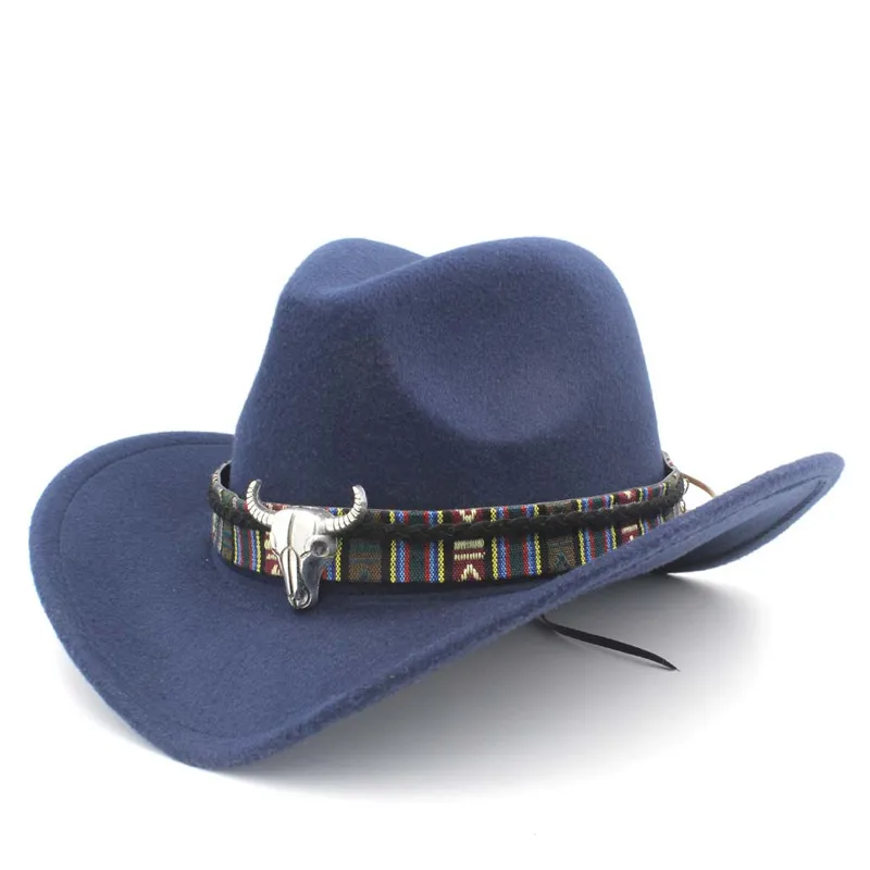LUCKYLIANJI/Детская шерстяная фетровая шляпа для мальчиков и девочек, ковбойская шляпа в западном стиле с широкими полями, кожаный ремешок в виде головы коровы(один размер: 54 см - Цвет: Navy