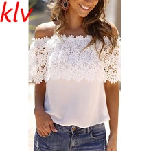 KLV Женская летняя футболка модный белый кружевной жилет; Тэнк-топ повседневные топы с открытыми плечами с коротким рукавом Футболка свободного типа