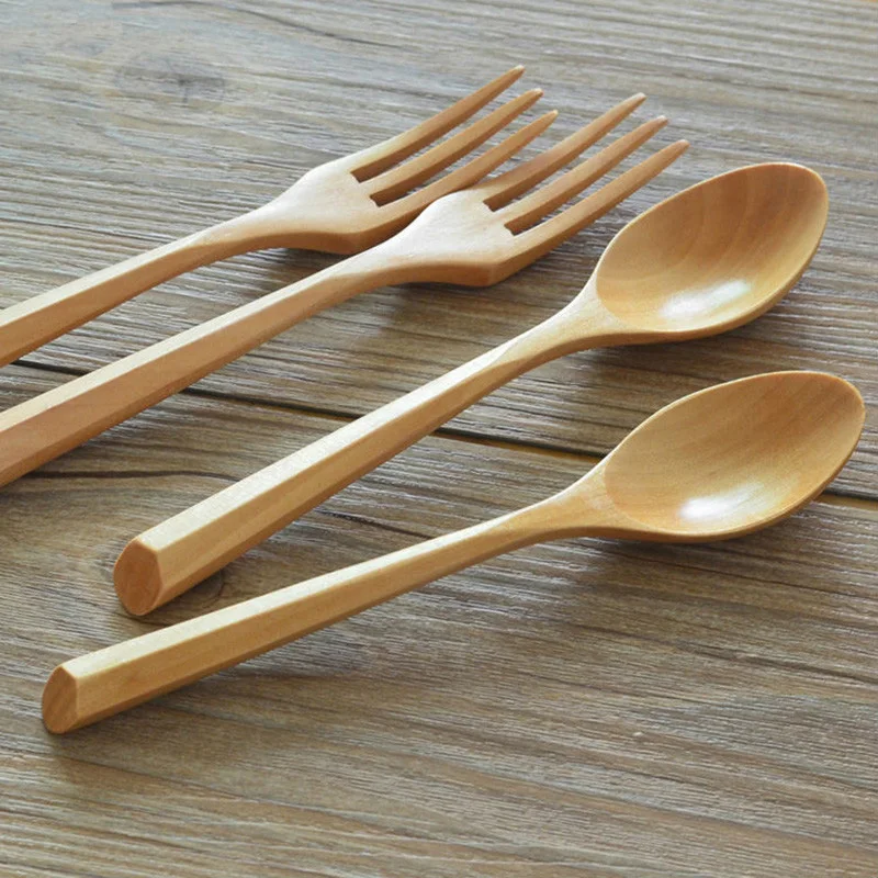 

New 4 pcs 7.5'' 19cm Coffee Tea Dessert Cake Teaspoon Forks Wood Cutlery Dinnerware Set Kids Beech Wooden Dinnerspoon fork set