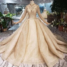 LS20329 золотые мусульманские свадебные платья с высоким воротом и длинными рукавами, блестящее свадебное платье с бусинами, свадебное платье со шлейфом Новая мода