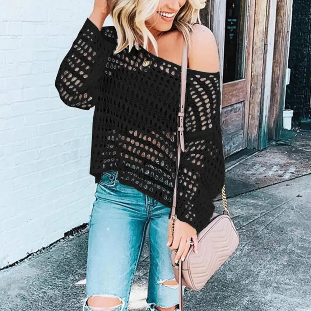 

Women Fashion Casual Mesh-Openwork Sweater Half Bikini Beach Tops