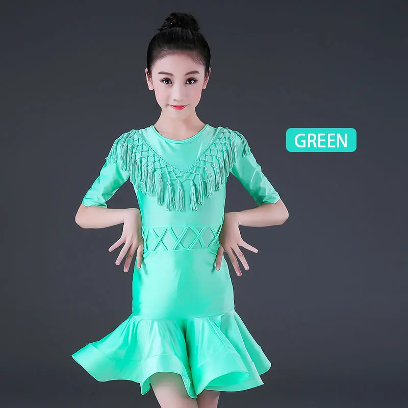 Платье для танцев в румбе для девочек, платье для танцев в латинском стиле, платье до колен с бахромой для сальсы, бальных танцев - Цвет: Light Green