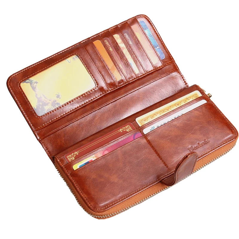 Цена Мужской кошелек из натуральной кожи, Женский кошелек, роскошный бренд, масляный кожаный кошелек, Женский держатель для карт, длинный клатч, ...