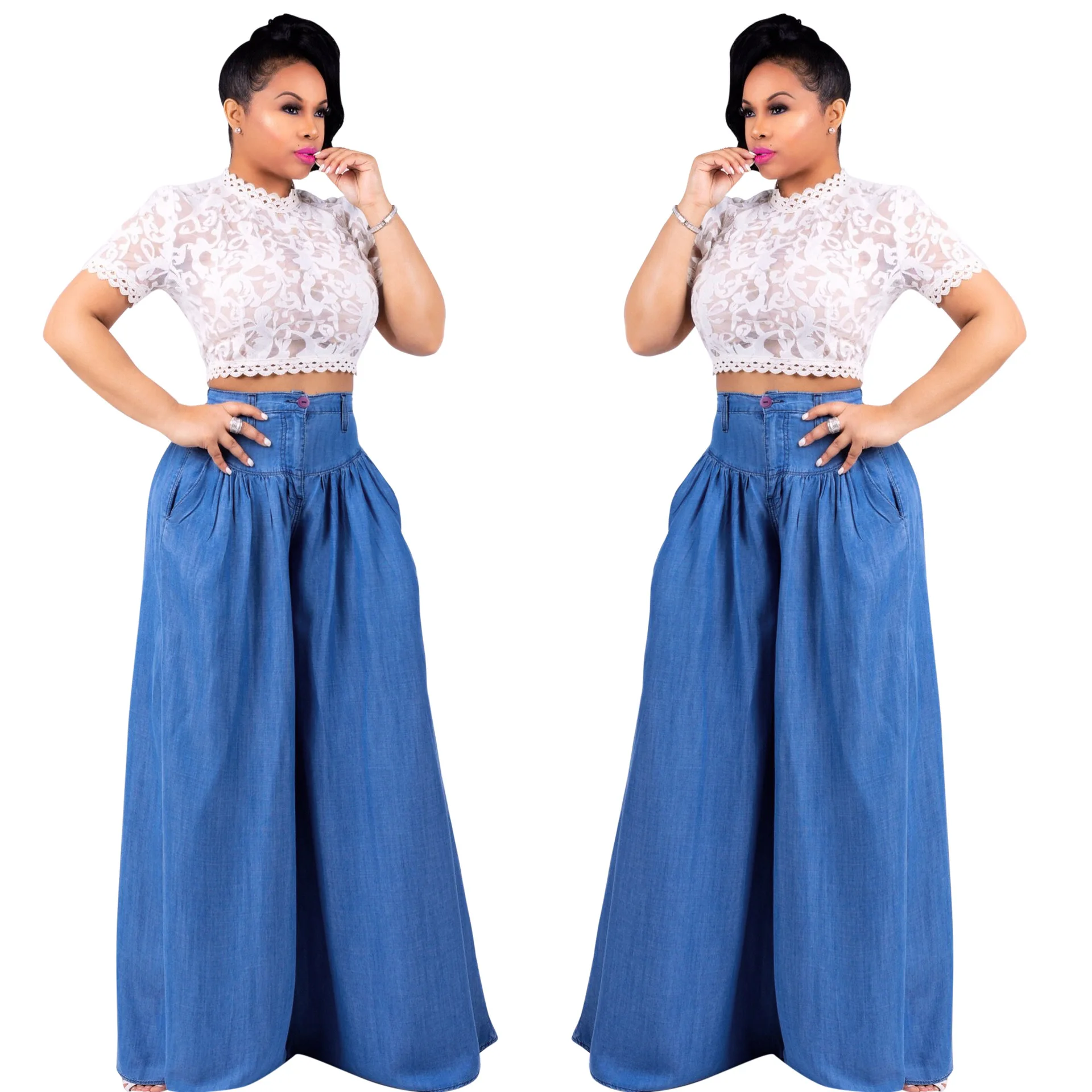 

Fashion Popular Wide Leg Denim Jeans Solid Loose High Waist Pants Solid Trousers