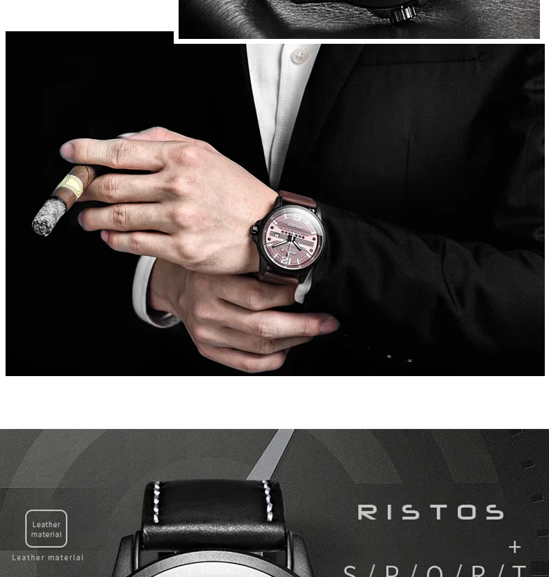 Спортивные часы RISTOS из натуральной кожи, повседневные военные мужские кварцевые часы, мужские наручные часы, роскошные часы Reloj Hombre 9322