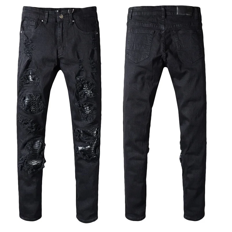 

New Italy Style #554# Men's Distressed Destroyed Pants Snake Skin Patches Black Skinny Biker Jeans Slim Trousers Size 29-40