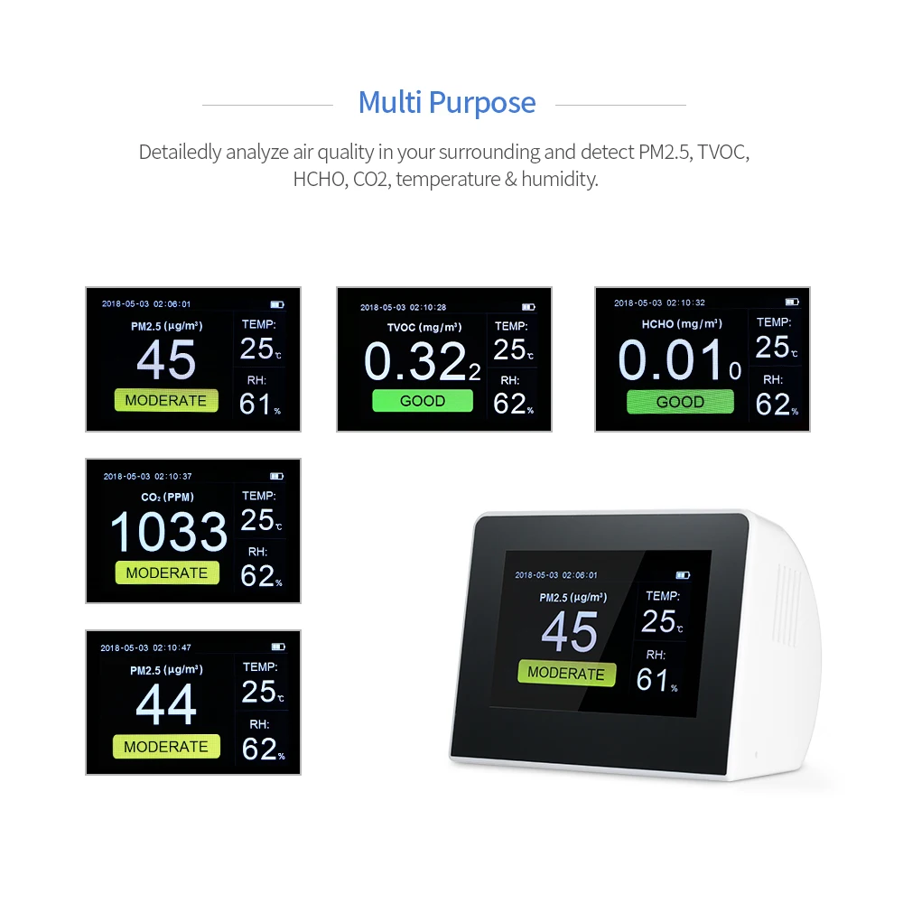 Pm2.5 детектор co2 метр Air Quality детектор CO2 монитор Цифровой HCHO и TVOC тестер газоанализатор Перезаряжаемые Батарея pm 2,5