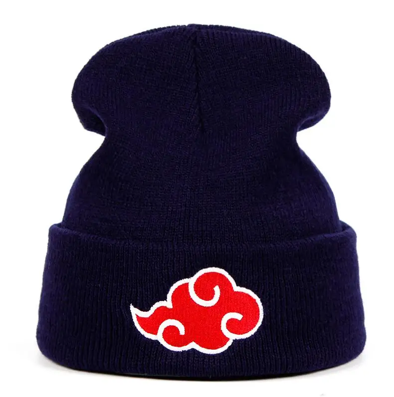 Логотип Akatsuki бини японского аниме зимние вязаные шапки вышивка Uchiha теплые Skullies Beanie лыжные вязаные шапки шапка хип-хоп - Цвет: Тёмно-синий