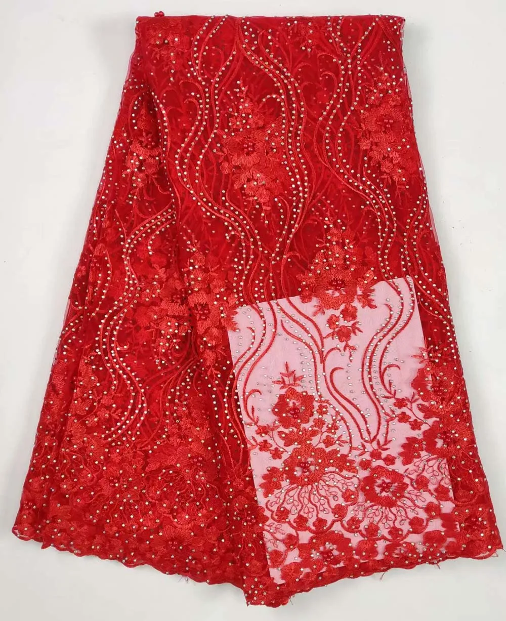 

French Bead Lace Fabric red 2018 Latest African Mesh Tulle Lace Fabric 5Y Nigerian Guipure Lace Fabric High Quality