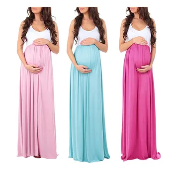 

vetement femme 2019 Women's Sleeveless Maternity Pregnancy clothes dress Ruched Color Block Maxi Splicing Dress ropa de mujer