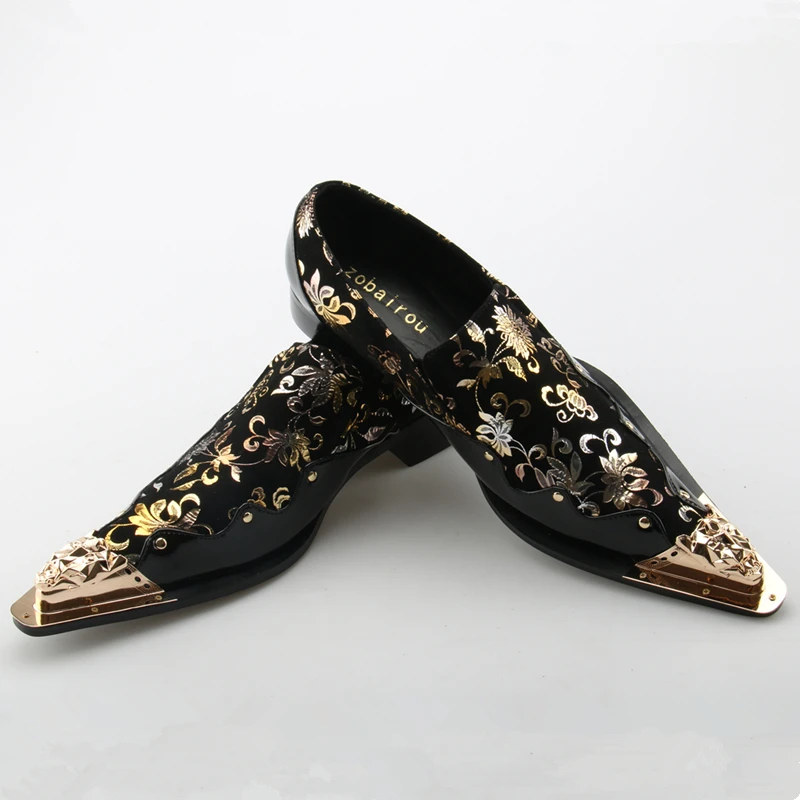 Zapatos Glitter Mocasines Oro Floral Vestido Metallic Boda Impresión Hombres Italiano Hombre Negro Toe A Cuero EwqUYwRxg