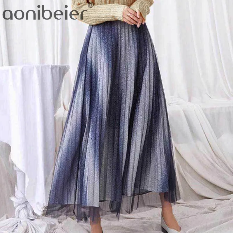 

Aonibeier Contrast Color Transparent Mesh Covered Pleated Skirt Elastic High Waist Long Skirt Spring Summer Casual Women Skirts