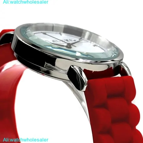 FW824G New White Dial PNP Shiny Silver Watchcase Silicone Red Band Fashion Watch
