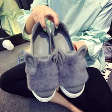 2017 New Fashion Footwear Female Autumn Winter Women Shoes Round Toe Loafer Flat Fur Cartoon Ears Casual Shoes Moccasins