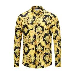 Новое поступление для мужчин рубашка 3d Мода Золотой цветочный принт рубашки домашние муж. Гавайский с длинным рукавом Slim Fit Крытая пуговица