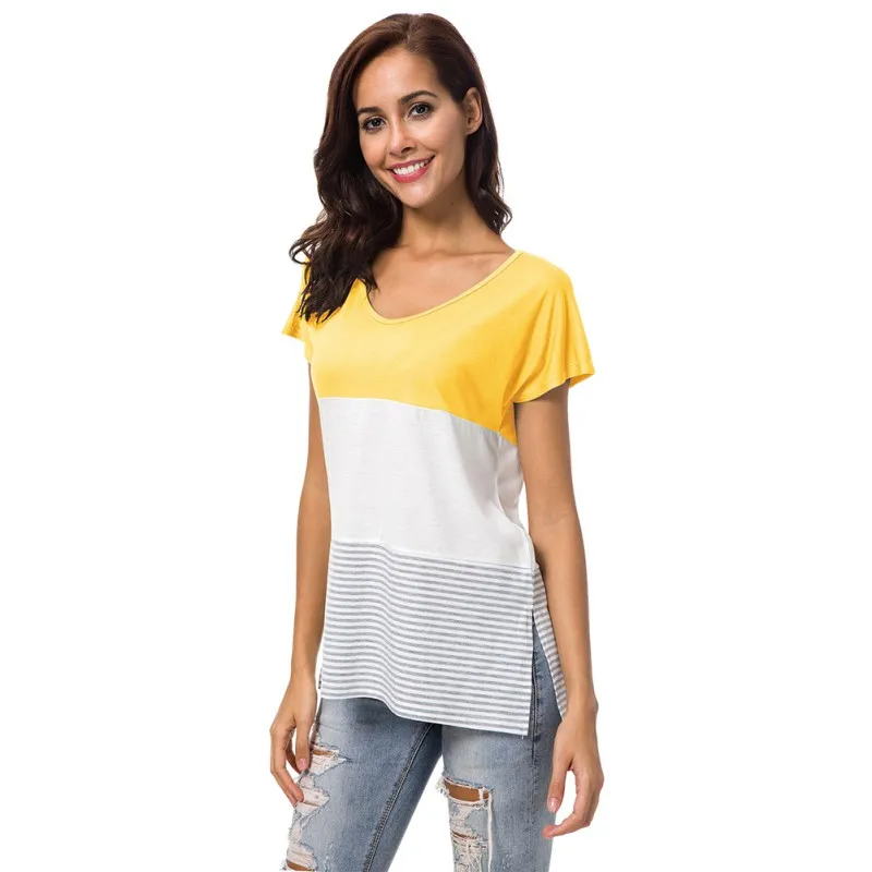 Buy New Tri color Patchwork Striped t shirt 2018 Women