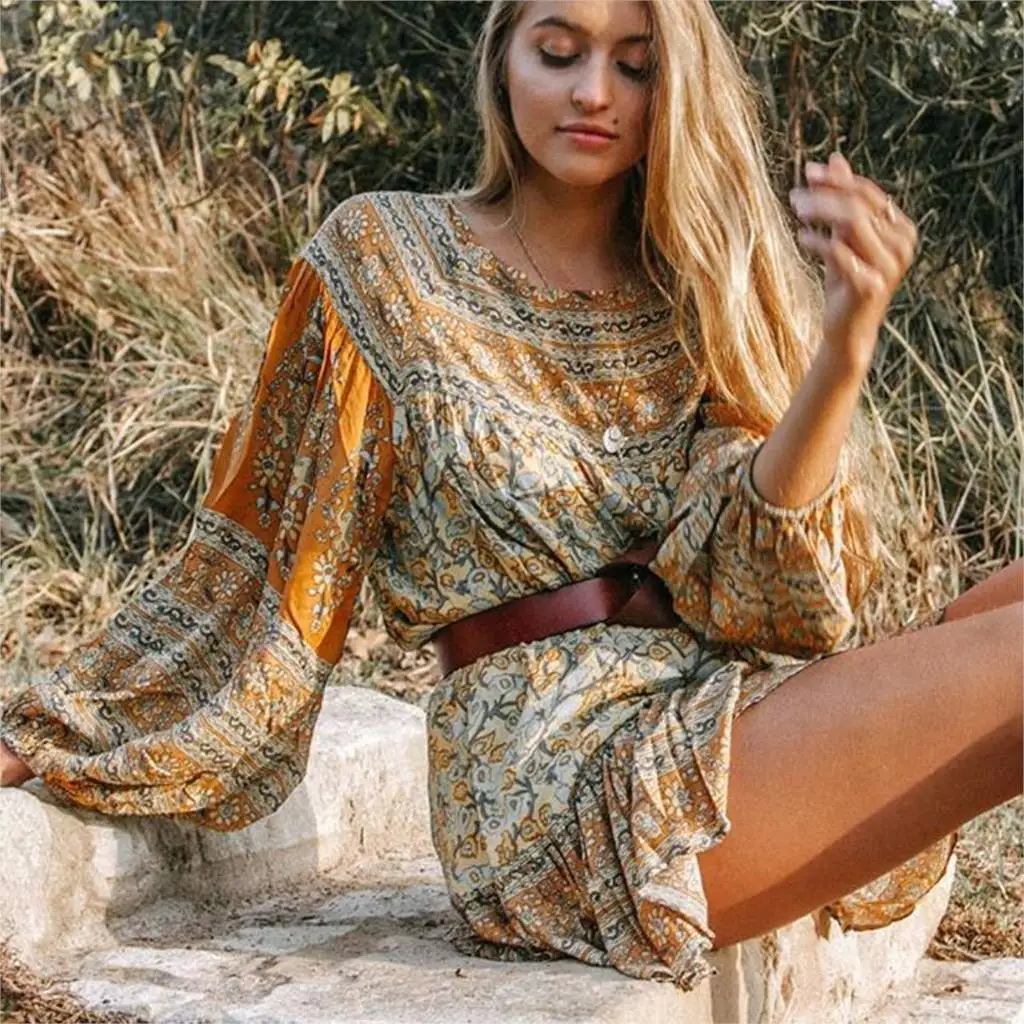 Goede Jastie 2018 Lente Herfst Vrouwen Jurk rode Bloem Print Mini Jurken V hals lange mouwen jurk Boho Hippie Beach Jurken vestidos