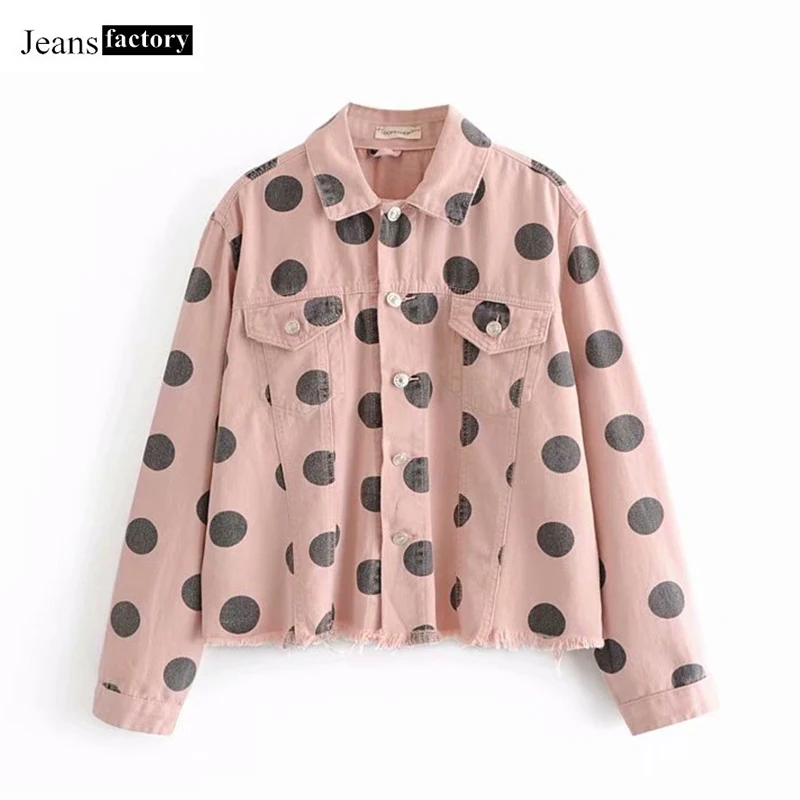 

New Polka Dot Denim Jacket Women Single Breasted Turn-down Collar Jeans Jacket Ladies Long Sleeve Casual Coats and Jackets Women
