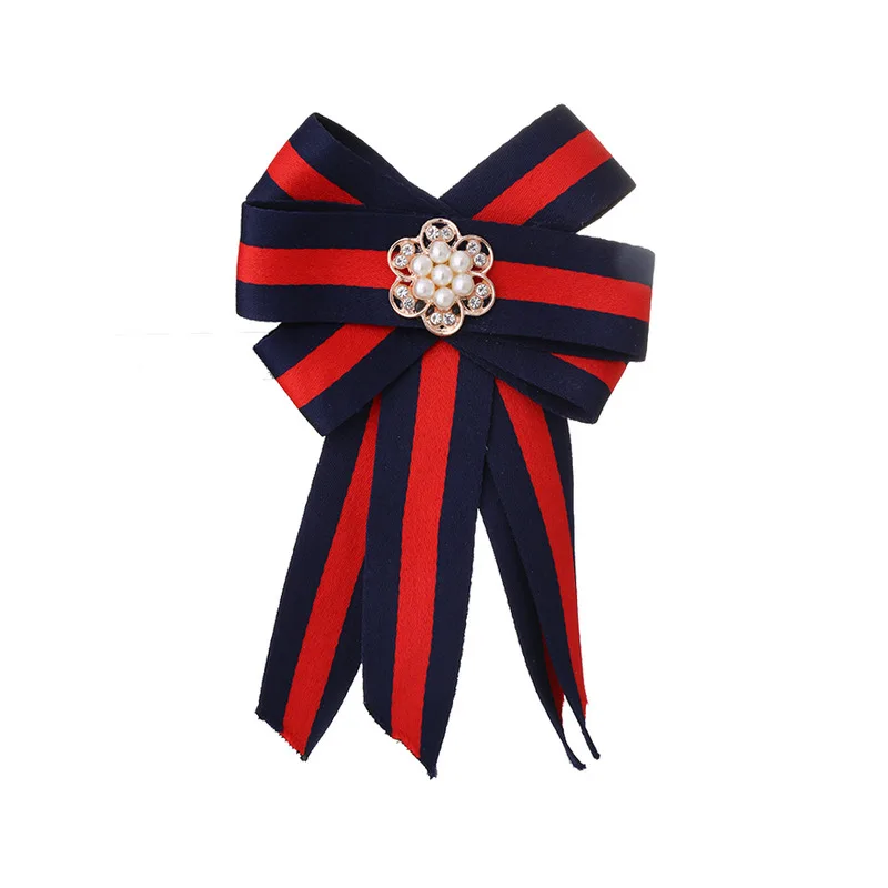 

Women Rhinestones striped tie brooch retro collar flower bow tie Fashion double bowknot pearl needle fashion jewelry accessories