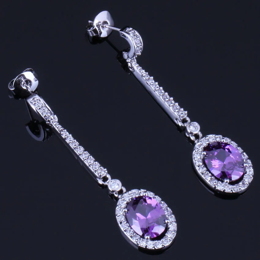 

Divine Purple Cubic Zirconia White CZ Silver Plated Drop Dangle Earrings V0694