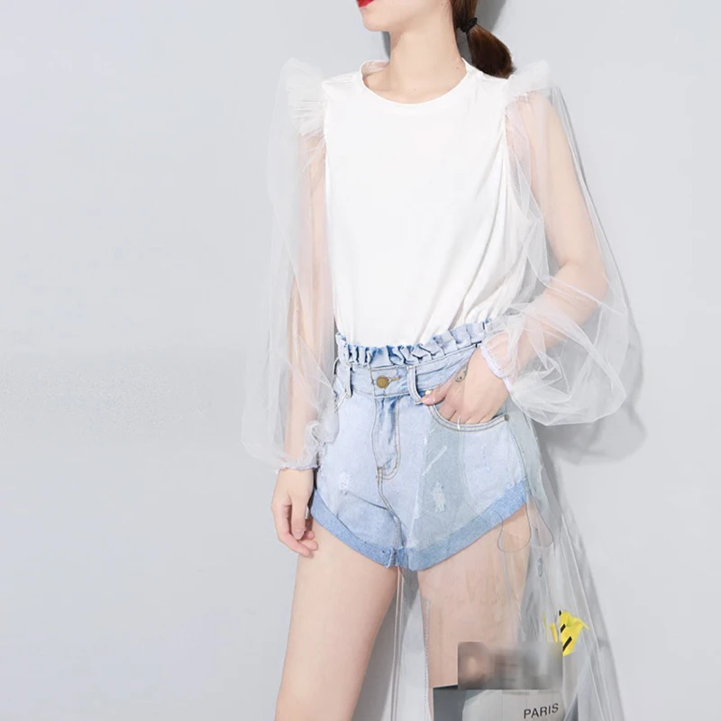[EAM] новая весенне-летняя футболка с круглым вырезом и длинным рукавом-фонариком, сетчатая свободная футболка с разрезом, модная женская футболка JU191