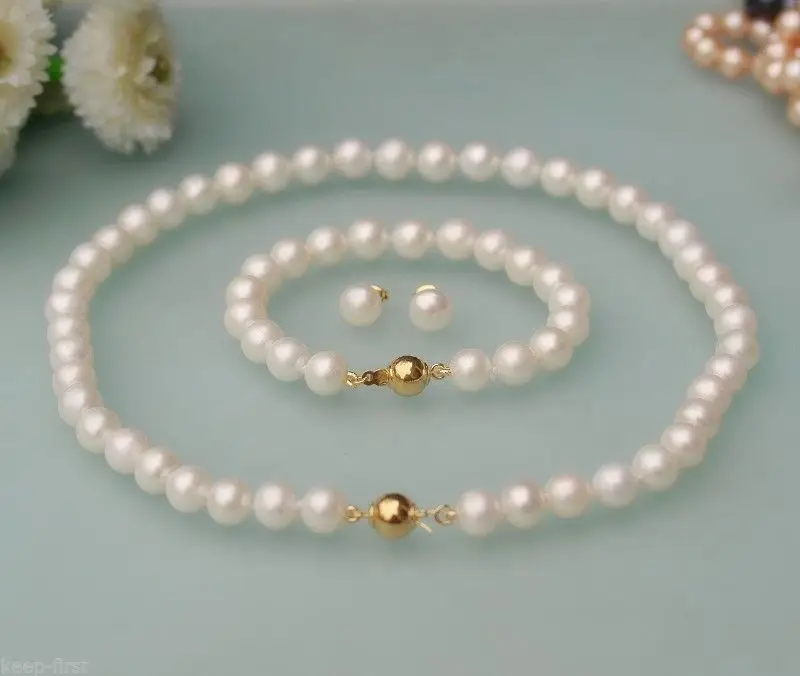 

Wholesale price 16new ^^^^8-9 mm Natura White Pearl Yellow Gold Plated Bracelet Earrings Necklace Set AAA