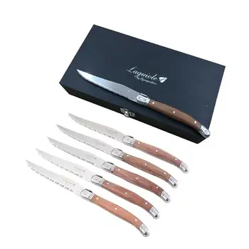 

6pcs 9inch Japanese Flatware Wood Handle Knives Laguiole Style Stainless Steel Steak Knifes Dinner set Western Restaurant Supply