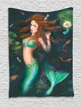 

Mermaid Decor Tapestry Wall Hanging Fantasy Mermaid In Lake With Lilies Blossom Magical Plants Big Leaves, Bedroom Living Room