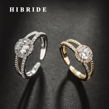 

HIBRIDE Luxury Round Cubic Zircon Open Adjustable Rings Women Anillos Jewelry New Fashion Gold One Women Wedding Ring R-228