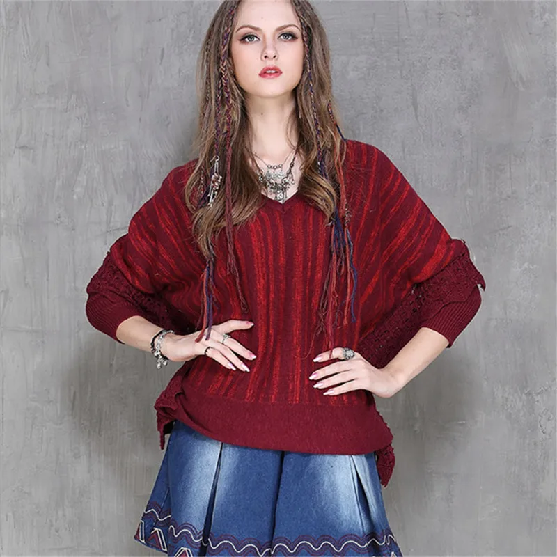 

Vintage Women Autumn Sweater 2017 Autumn Knitting Sweaters V-Neck Batwing Sleeve Red Striped Sweaters Pull Femme Sweater
