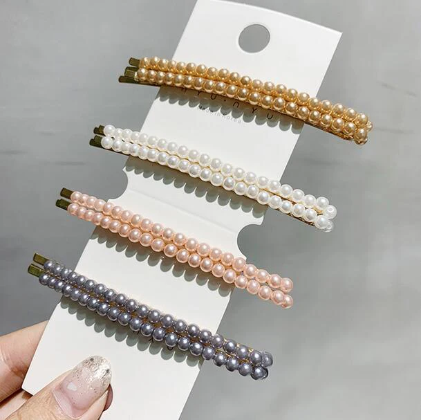 1Pair Korea Simple Imitiation Pearl Hair Clips Hairpins for Women Solid Color Beads Long Barrettes Accessories 2019 | Украшения и