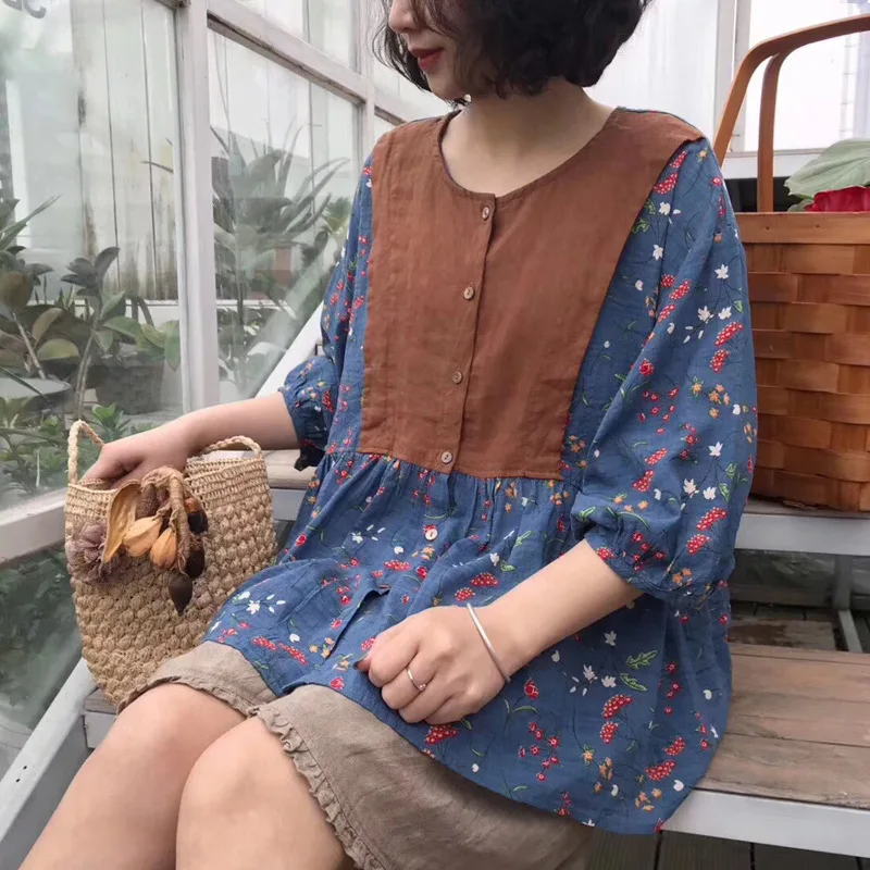 

Large size ethnic style loose literary short-sleeved shirt floral wild casual shirt female summer shirt top nt