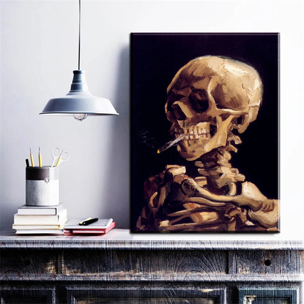 Xdr520 Handgemachte Reproduktion Schädel Mit Brennender Zigarette Durch Vincent Van Gogh Abstrakte –lgemälde Auf Leinwand Wandkunst Für hause in Xdr520