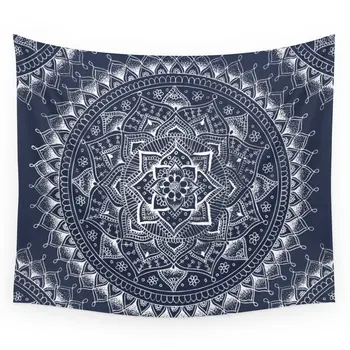 

White Flower Mandala On Dark Blue Wall Tapestry Wedding Party Gift Bedspread Beach Towel Yoga Picnic Mat