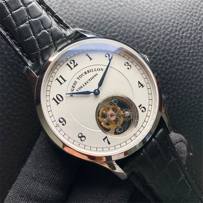 Роскошные мужские механические часы от ведущего бренда Tourbillon, модные мужские часы из натуральной крокодиловой кожи с турбийоном, водонепроницаемые часы 50 м, 1963