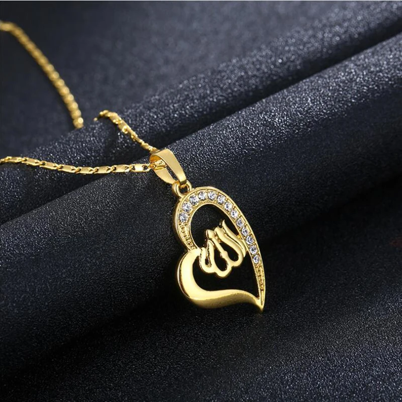 

Arabic Muslim Islamic Chain Necklace Women Religious Allah Love Heart Gold-color Pendant Necklace Jewelry Men Valentine gift