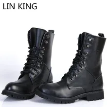 LIN KING Men Motorcycle Boots Lace-up Genuine Leather Martin Boots Solid Square Heel Platform Round Toe Thick Sole Combat Boots