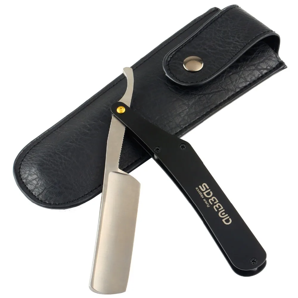 Anbbas Парикмахерская прямая бритва из нержавеющей стали с черной ручкой с качественной искусственной кожаной сумкой для мужчин складной нож для бритья