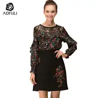 AOFULI L- 3xl 4xl 5xl Plus Size Office Lady Skirt Suit Floral Printed Lace Up Blouse Twinset With Embroidered Skirt Outfit B6312