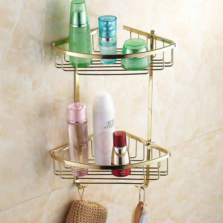 Luxury Wall Mounted Cosmetic Shelf golden Brass Storage Holder Dual
