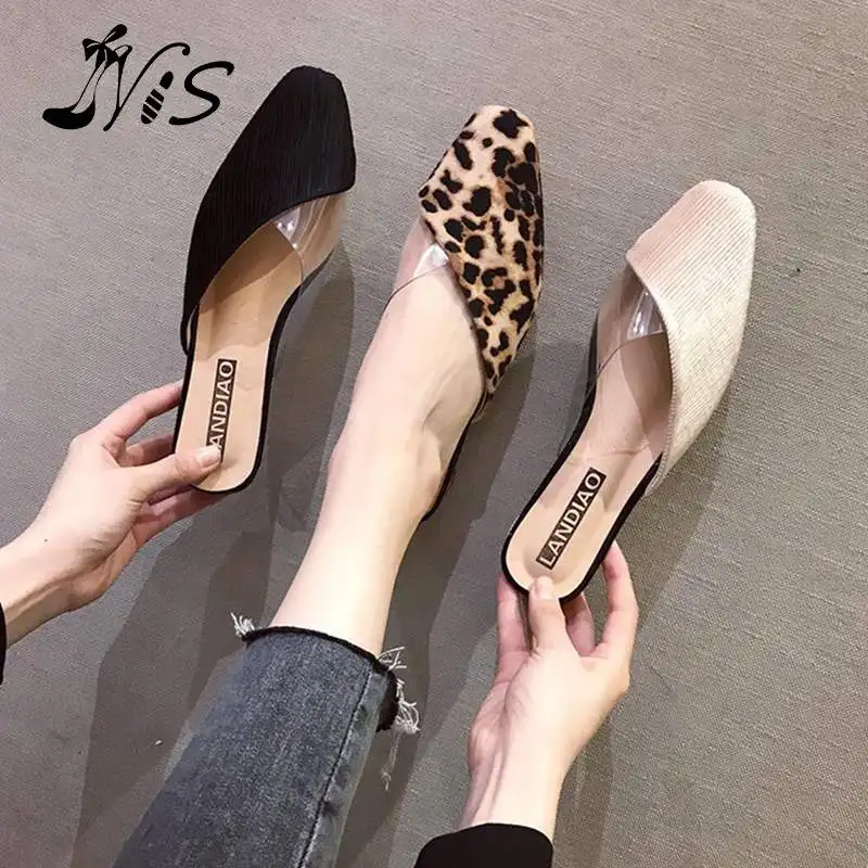 

NIS 2019 Women Summer Closed Toe Mules Slip on Backless Slingback Low Heel Pump Sandals Leisure Flat Beach leopard print Shoes