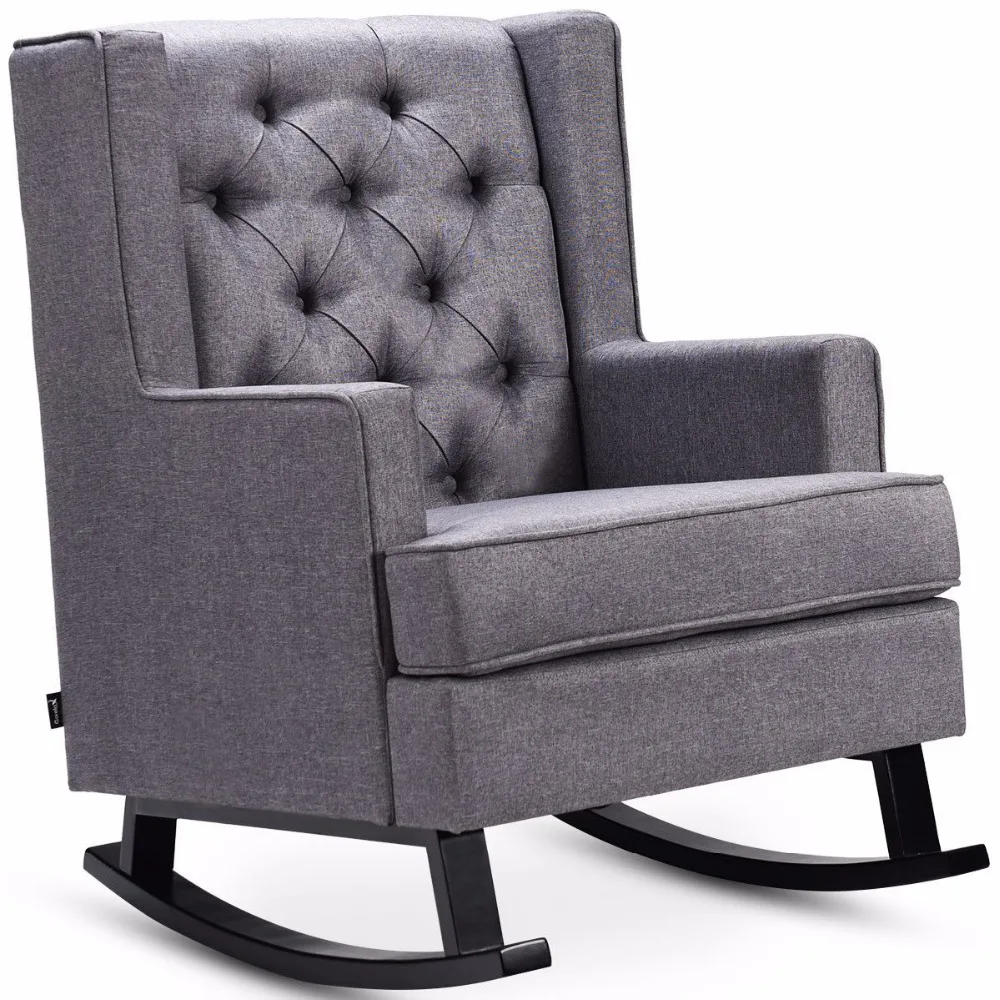 Giantex Mid-Century Retro Fabric Upholstered Rocking Chair Button-Tufted Gray Home Furniture HW60293+
