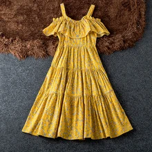 Cotton Drop Off Shoulder Yellow Flower Dress Summer Good Quality Ruffle Hem Vestidos For Woman Strapless Print Women Dresses Cotton Drop Off Shoulder Yellow Flower Dress Summer Good Quality Ruffle Hem Vestidos For Woman Strapless Print Women Dresses