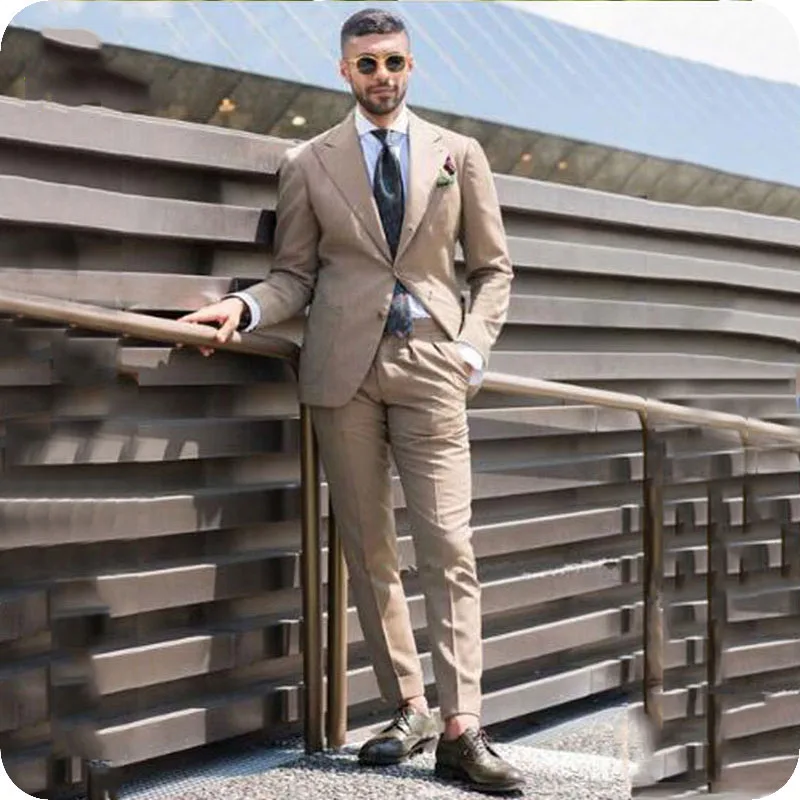 

Peaked Lapel Khaki Men Wedding Suits Slim Fit Suits Man Blazers Custom Groom Tuxedo Slim Fit Terno Masculino Prom Suit 2Piece