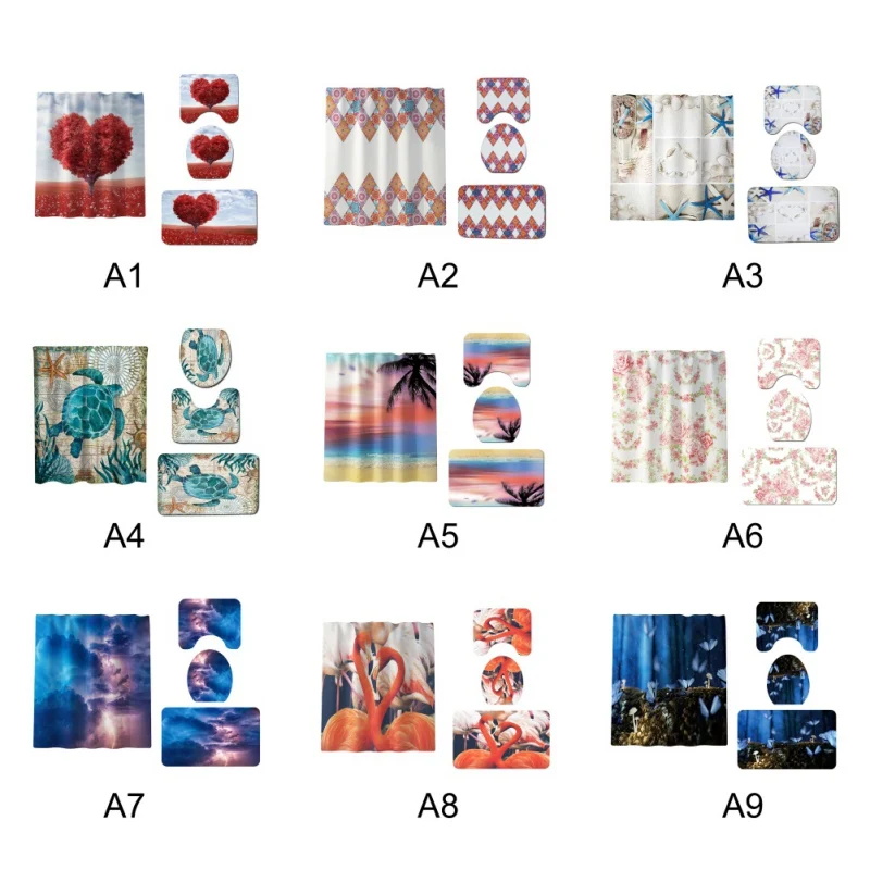

Printed Home Decor Bathroom Accessories Sets Bath Rug, U-Shaped Contour Mat, Toilet Lid Cover, Polyester Shower Curtain With Han