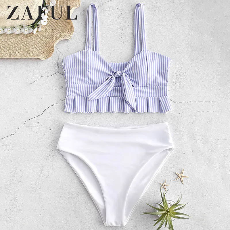  ZAFUL High Cut Two Tone Knotted Bikini Set Bathing Suit Tankini Push Up Swimwear Maillot De Bain Sw