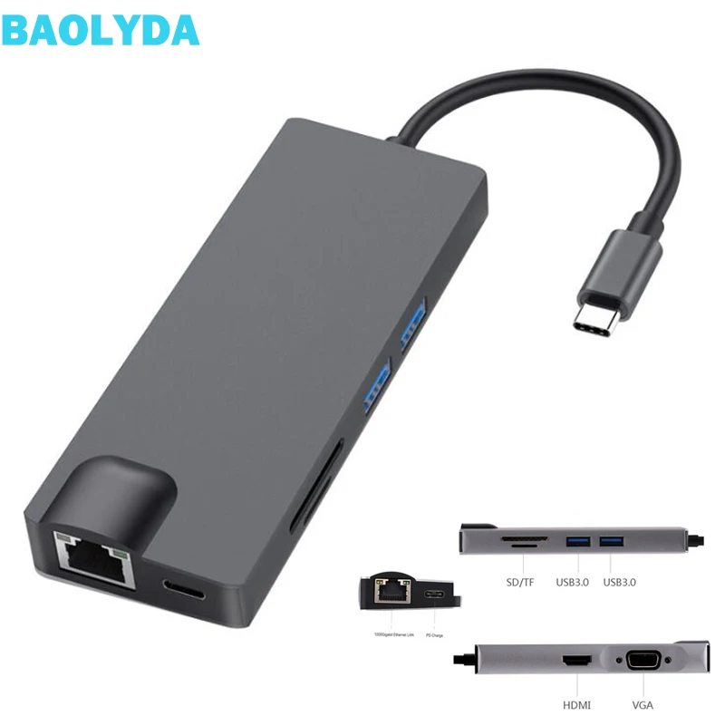 

Baolyda USB 3.1 Hub 8in1 Multi Port Type C Combo USB C to HDMI 4K VGA Ethernet RJ-45 PD Charge USB TF/SD Reader USB C Converter