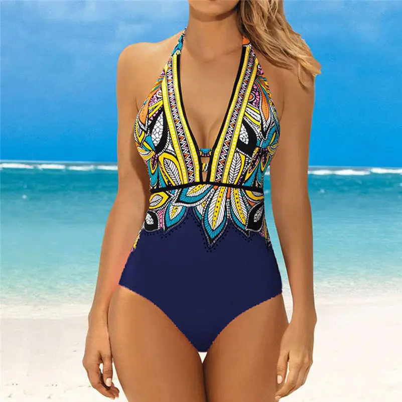 

One Piece Swimsuit body suit 2019 Women's Sexy push-ups Thickened bra Bikini Deep V Sling Bohemian Printed Onesies Monokini 4as