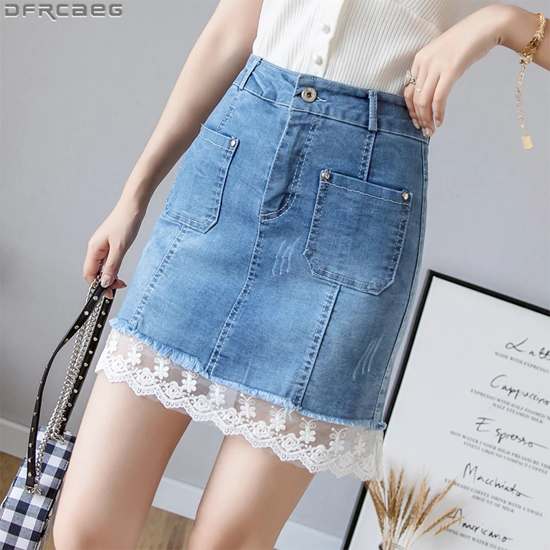 

2019 Summer Elegant Lace Stitching Skirt Denim Stretch Jeans SkirtsTight High Waist Mini Skirt Womens Ladies A-line Jeans Saia